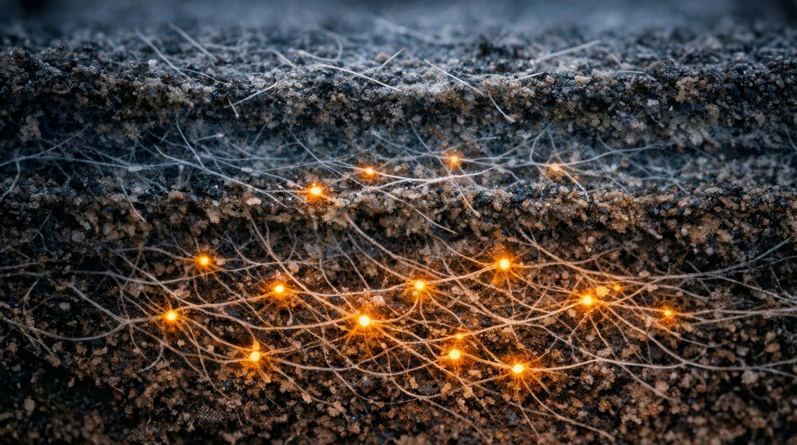 Cross-section of mycelium network revealing increasing complexity at depth - sparse disconnected threads at surface, dense glowing amber networks below, representing how pattern recognition reveals what surface metrics miss.