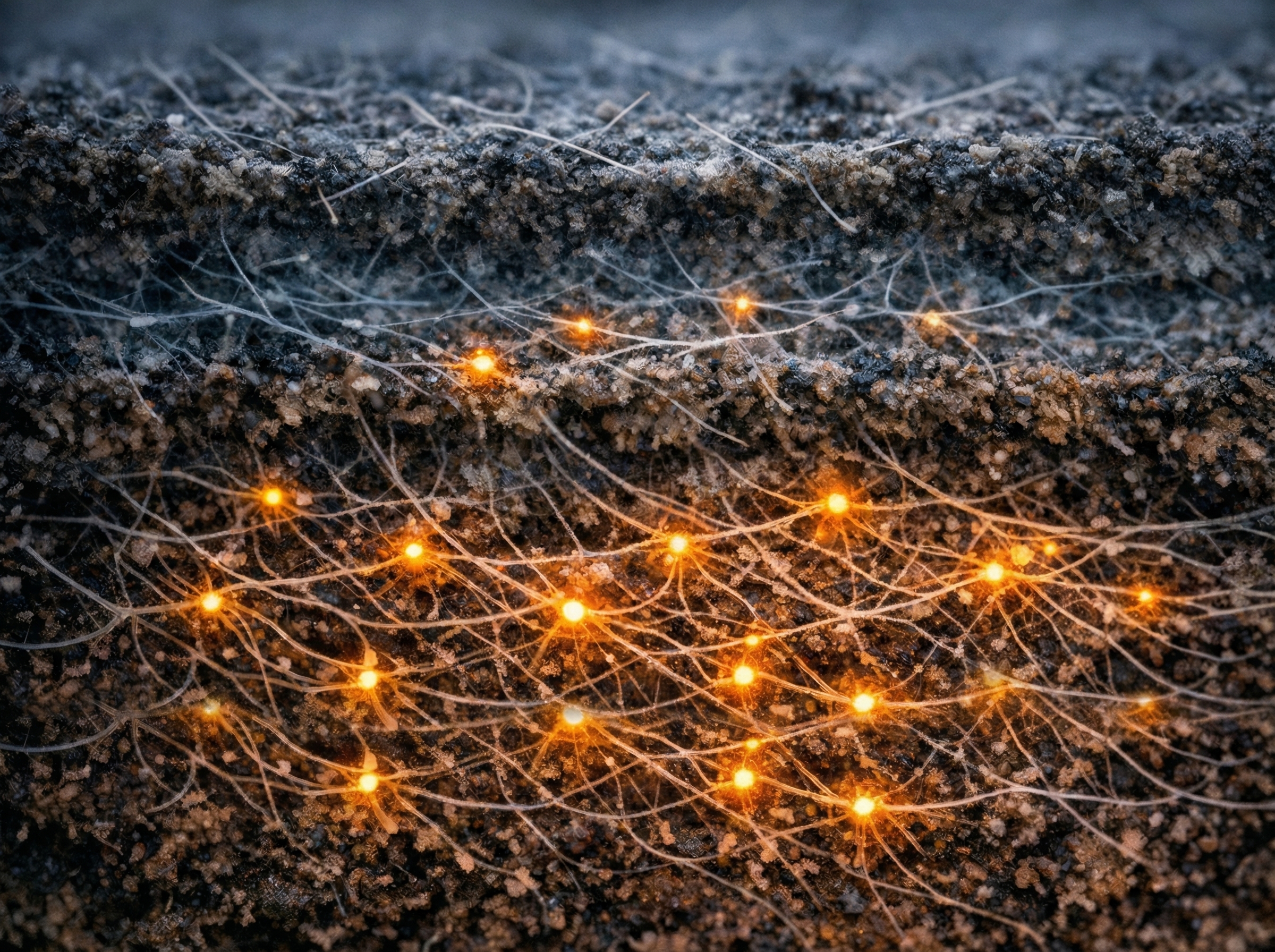 Cross-section of mycelium network where surface appears sparse but deeper layers reveal increasingly complex interconnected patterns with glowing amber nodes, representing how EAOS reveals organizational depth rather than surface metrics