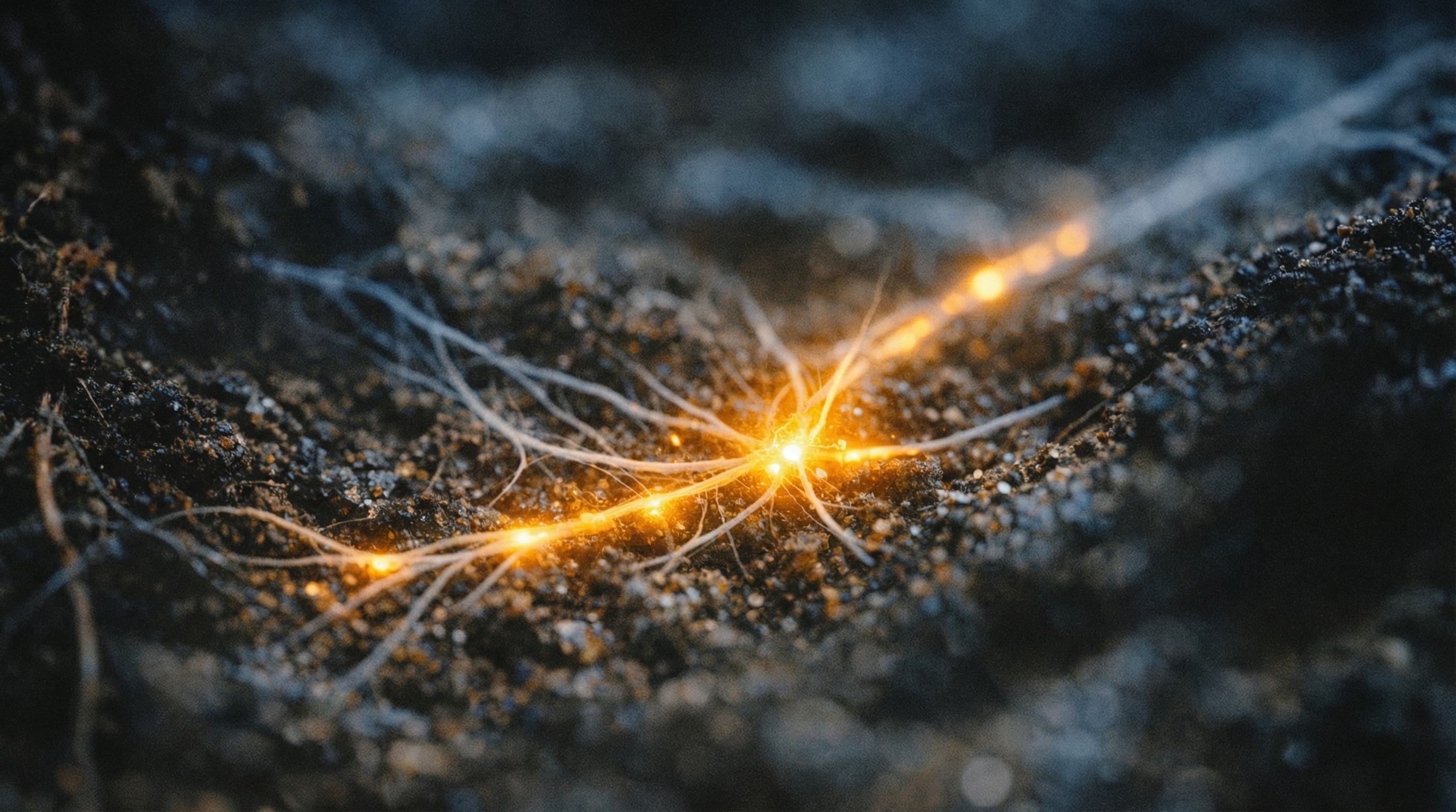 Macro photograph of mycelium threads emerging from darkness as amber bioluminescence spreads along the network, revealing hidden patterns in the moment of becoming visible.