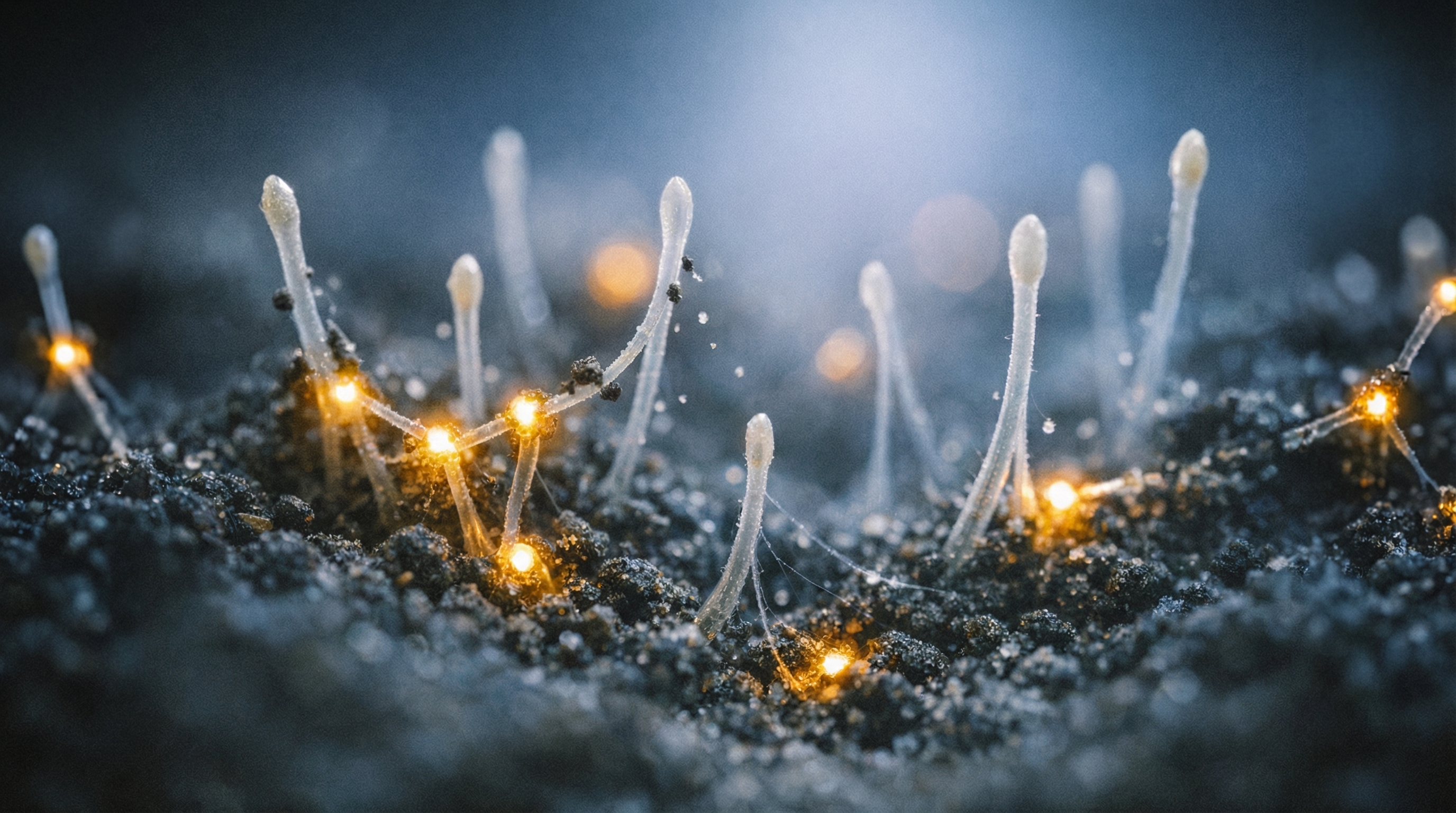 Macro photograph of pale mycelium threads emerging from dark soil, glowing amber at connection points where they meet, suggesting hidden patterns rising to visibility.