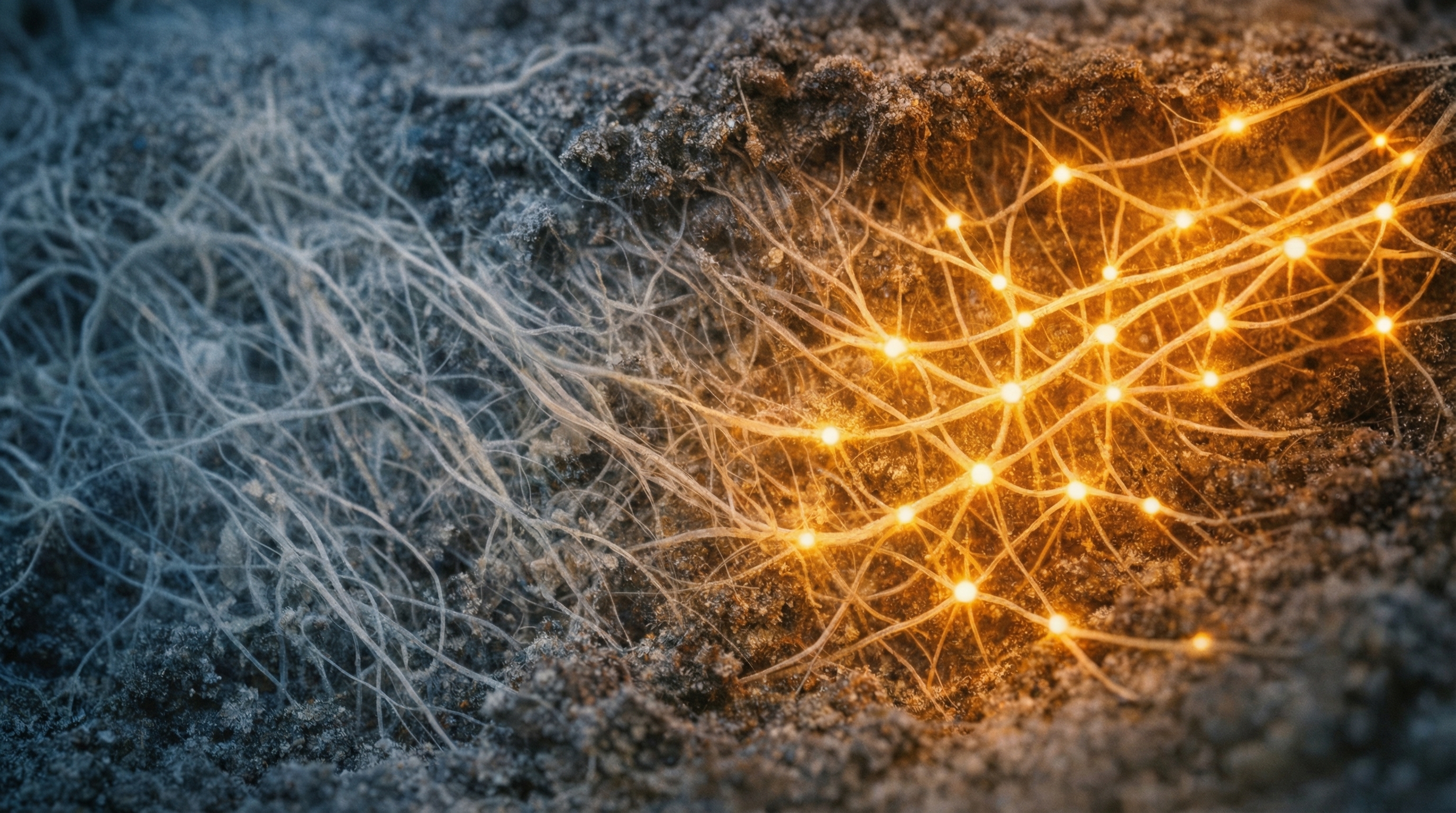Mycelium network mid-transformation as amber bioluminescence spreads, causing chaotic tangled threads to straighten and organize into coherent branching patterns - representing how research findings become design architecture