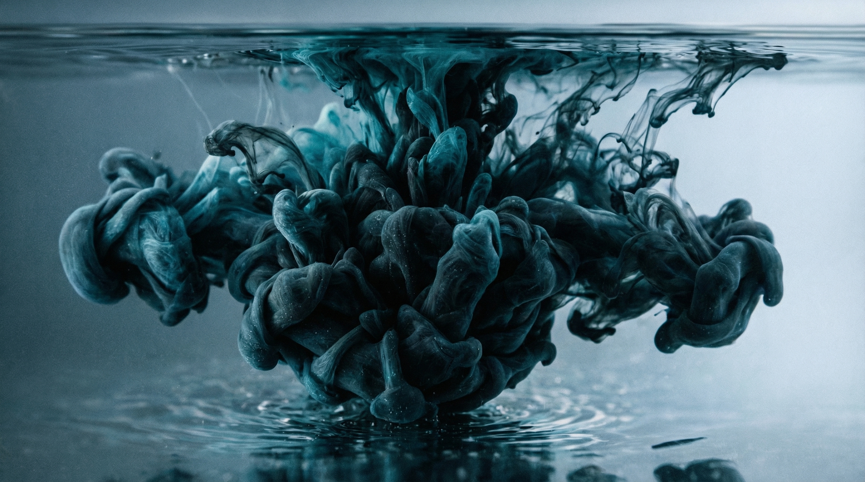 Deep teal ink captured mid-bloom as it enters still water, tendrils unfurling from a concentrated core against a cool gray-blue background, with dramatic side-lighting revealing the complex internal structure.