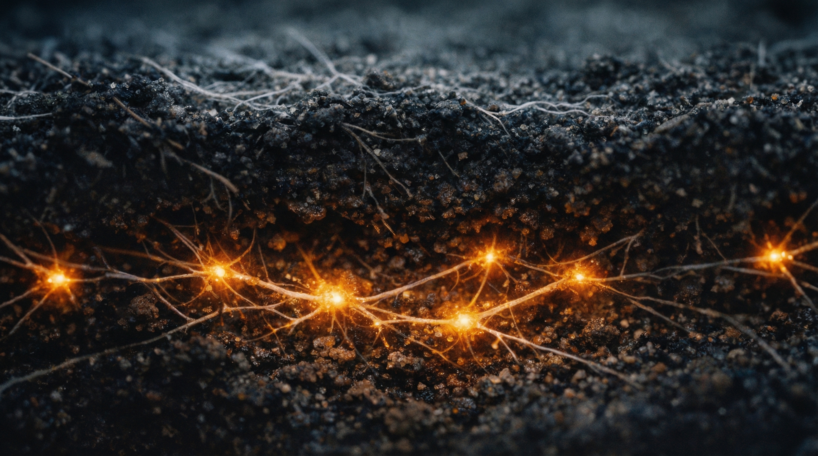 Cross-section view of mycelium network showing dormant gray-white surface threads above dark soil while deeper underground threads pulse with amber bioluminescence, revealing hidden activity beneath apparent stillness