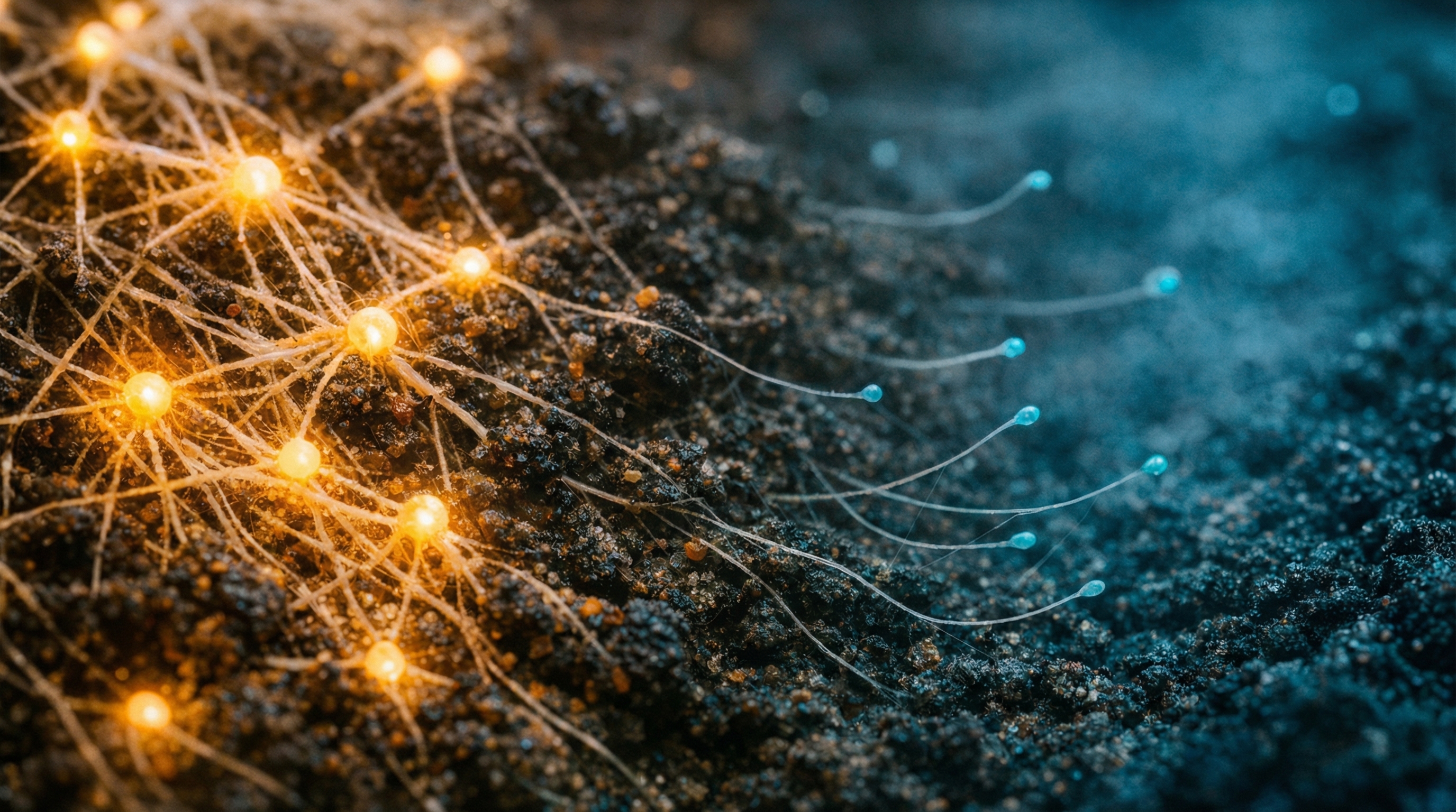 Mycelium network at its growing edge, with established amber-gold bioluminescent pathways reaching toward new cool-toned growth emerging in unexplored territory.