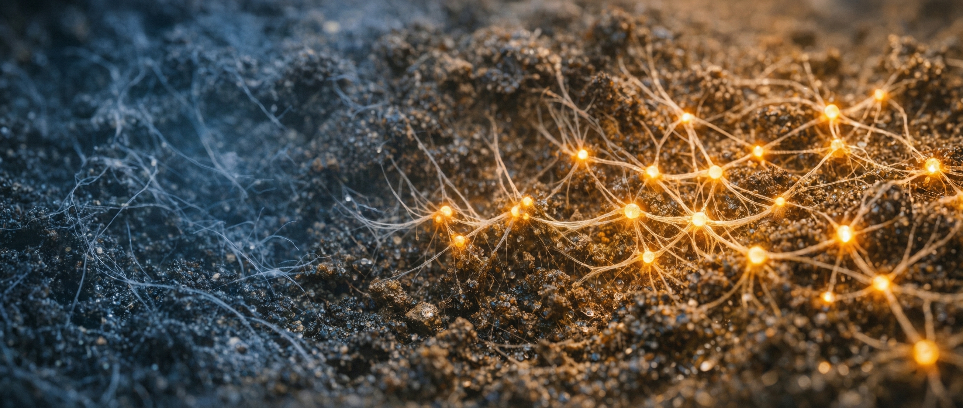 Macro photograph of mycelium network transforming from scattered disconnected threads on the left to organized, amber-glowing connected pathways on the right, visualizing how reflection rhythm turns noise into pattern.