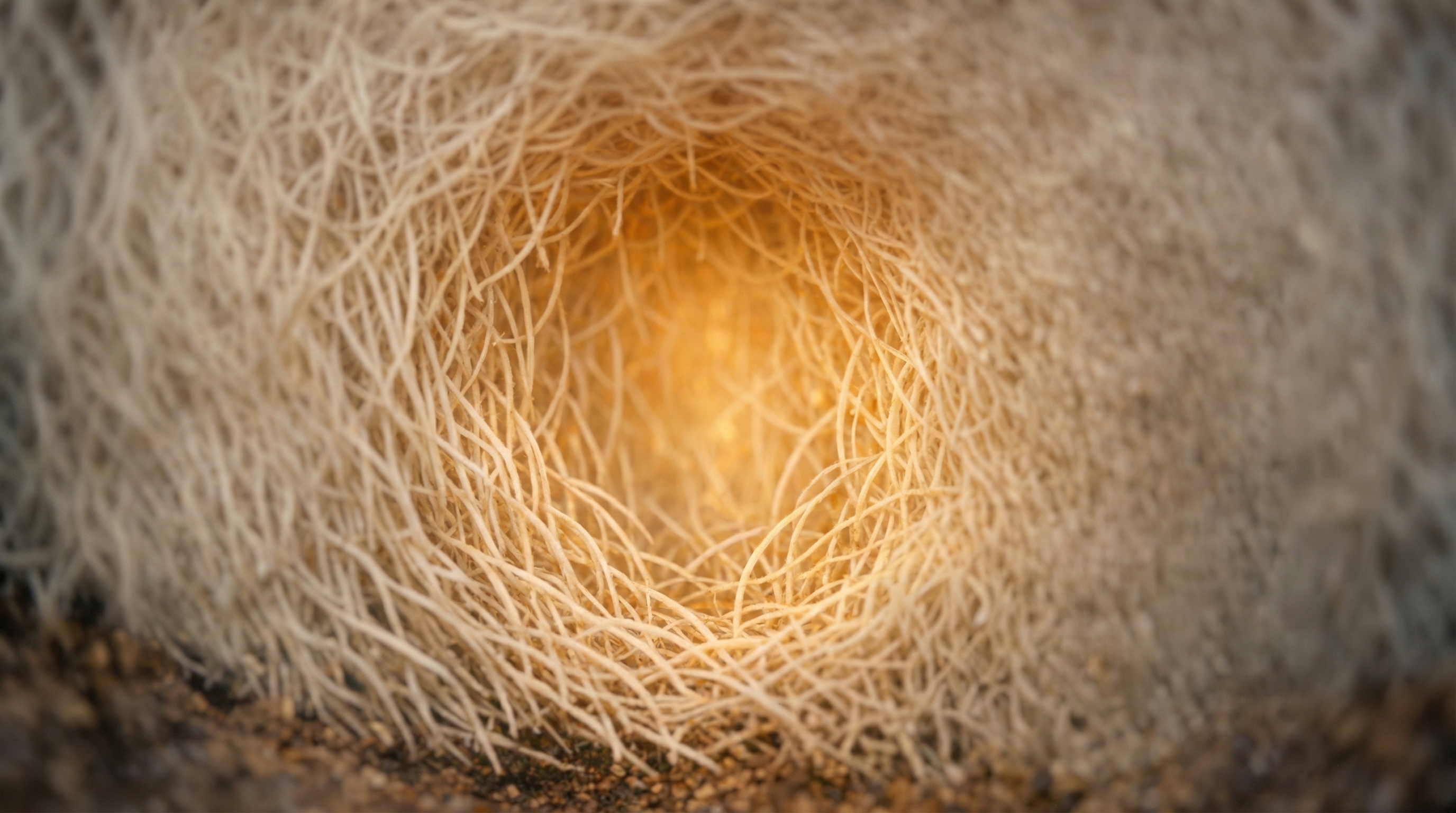 Dense mycelium network forming a protective enclosure, threads interwoven so tightly at the boundary they create natural opacity, while the interior glows with warm amber light - organic privacy through density rather than walls