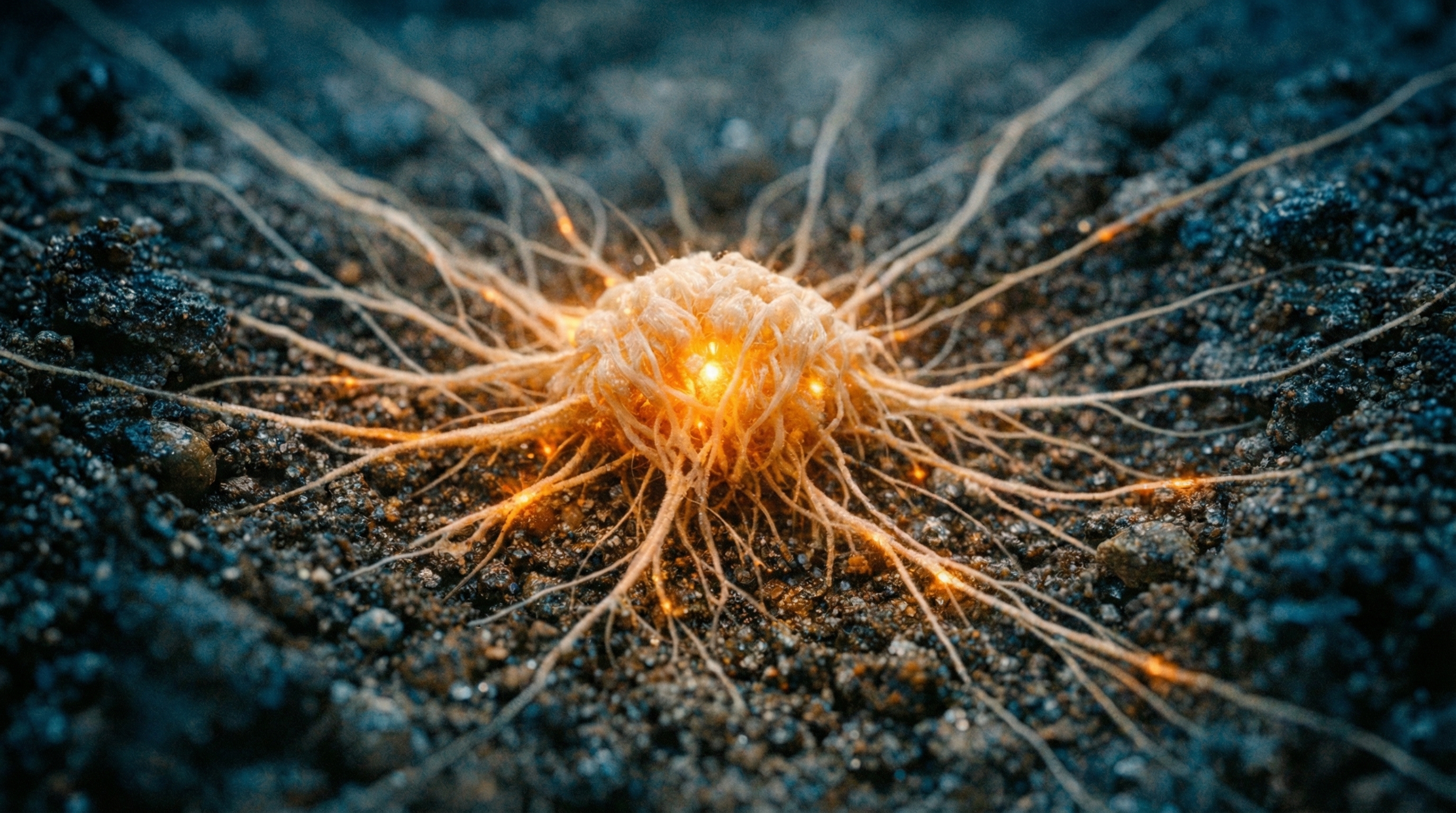 A luminous mycelium junction node glowing amber against dark soil, with cream-white fungal threads extending outward in all directions, representing established presence radiating influence.