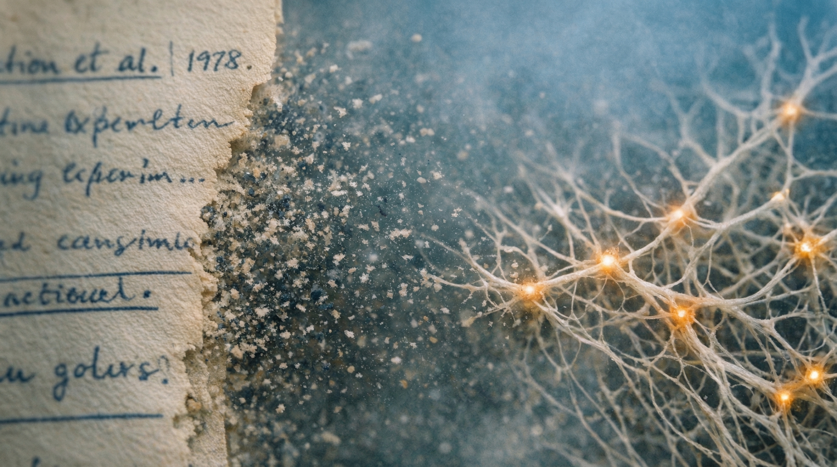 Research notation on aged paper dissolving into organized mycelium network, with academic text fragmenting and reorganizing into structured fungal threads that glow amber at connection points - representing scholarship becoming visible architecture
