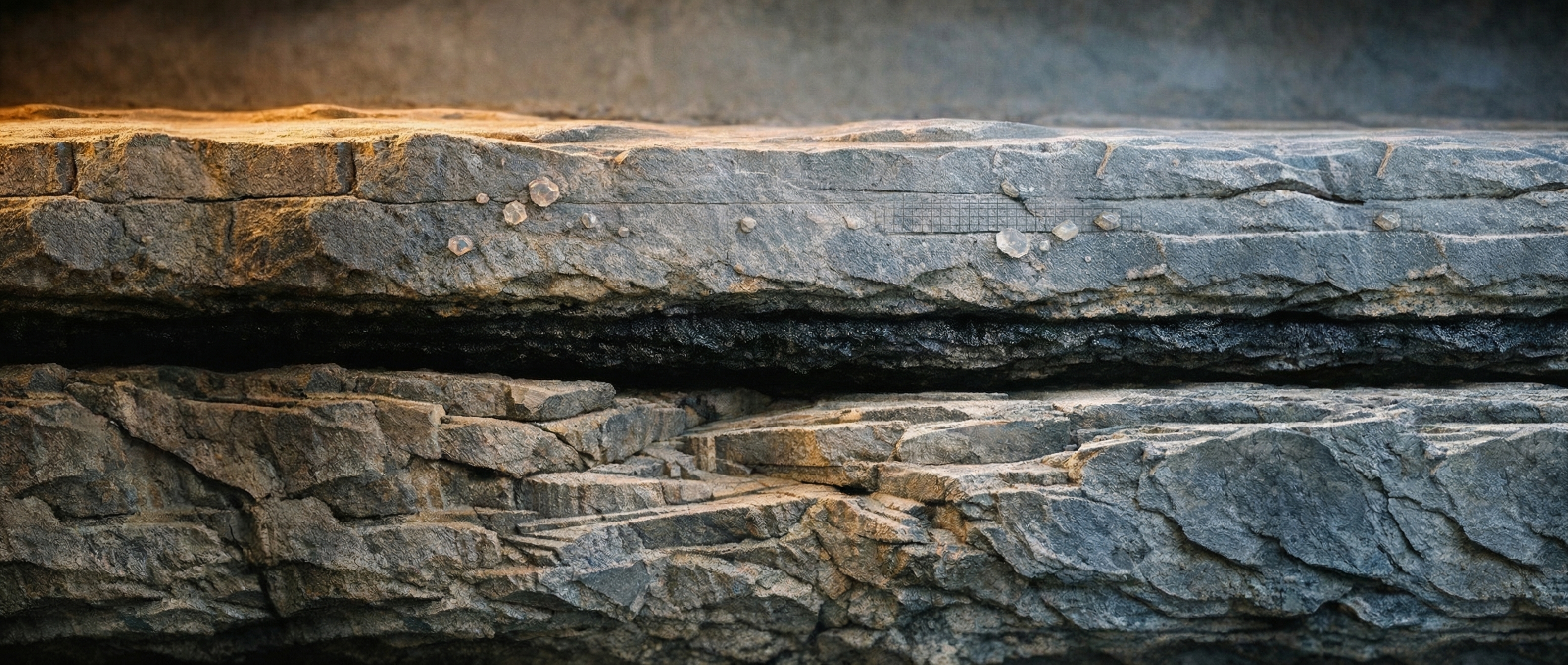 Architectural cross-section showing three geological layers - the top and bottom layers are visible and structured, while the middle layer appears as a dark, compressed gap, representing the missing interpretive layer between measurement and action.